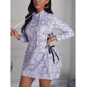 Lovely Casual Hooded Collar Print Drawstring Grey 