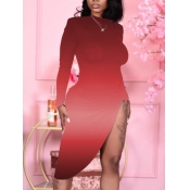 Lovely Casual O Neck High Opening Red Mid Calf Dre