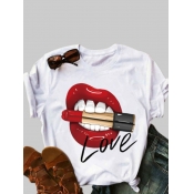 Lovely Casual O Neck Lip Print White Plus Size T-s