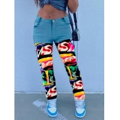 Lovely Casual Mid Waist Print Stitching Baby Blue 