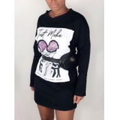 Lovely Casual Portrait Letter Print Patchwork Blac