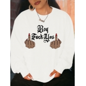 Lovely Casual O Neck Letter Print White Hoodie