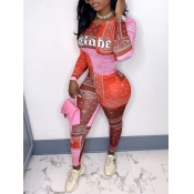 Lovely Street Letter Print Patchwork Pink One-piec
