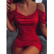 Lovely Party Off The Shoulder Sequined Red Mini Dr