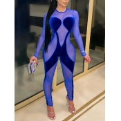 LW Sexy O Neck Mesh Patchwork Blue One-piece Jumps