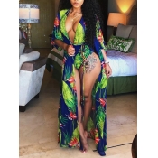 Lovely Sweet Floral Print Patchwork Blue One-piece