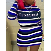 Lovely Plus Size Trendy Letter Print Striped Blue 
