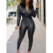 LW Lace-up Button Design Leather Jumpsuit