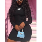 Lovely Casual O Neck Letter Print Black Mini Dress