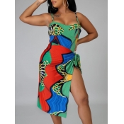 Lovely Chic Print Bandage Hollow-out Design Green 