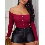 Lovely Casual Off The Shoulder Button Design Wine 