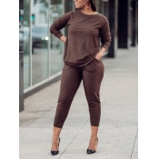 Lovely Casual O Neck Long Sleeve Brown Two Piece P