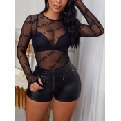Lovely Sexy O Neck Letter Print See-through Black 