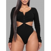 Lovely Sexy Button Design Hollow-out Black Bodysui