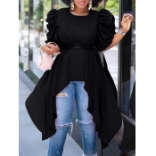 Lovely Casual O Neck Ruffle Asymmetrical Black Blo