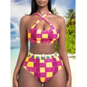 Lovely Trendy Geometric Print Cross Strap Rose Red