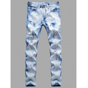 Lovely Casual Mid Waist Print Baby Blue Men Jeans