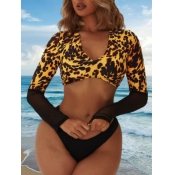 Lovely Casual V Neck Leopard Print Yellow Tankini