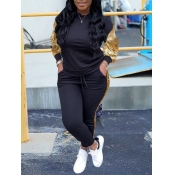 Lovely Sportswear O Neck Drawstring Patchwork Gold