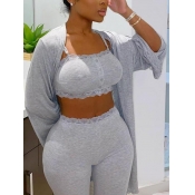 Lovely Chic Button Design Lace Patchwork Grey Slee