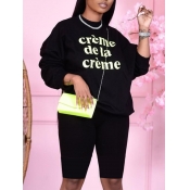 LW Casual O Neck Letter Print Black Two Piece Shor