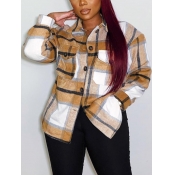 Lovely Casual Plaid Print Pocket Design Khaki Blou