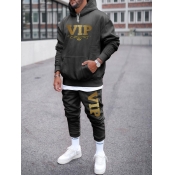 LW Men Letter Print Kangaroo Pocket Sweatsuit Set
