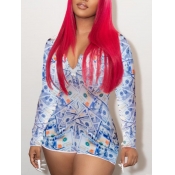 Lovely Casual V Neck Money Print White One-piece R