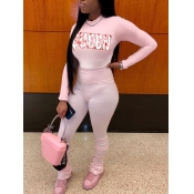 Lovely Sweet O Neck Letter Print Pink Two Piece Pa