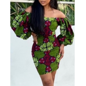 Lovely Bohemian Off The Shoulder Print Green Mini 