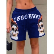 Lovely Casual Mid Waist Letter Print Blue Short