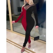 Lovely Casual O Neck See-through Patchwork Black O