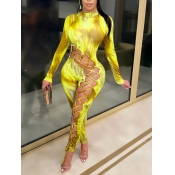 Lovely Sexy O Neck Tie-dye Hollow-out Yellow One-p