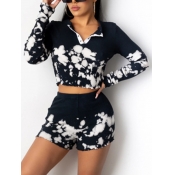 LW Casual Turndown Collar Print Black Two Piece Sh