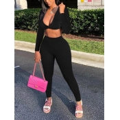 LW SXY Casual V Neck Elastic Black Two Piece Pants
