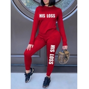 Lovely Casual O Neck Letter Print Red Two Piece Pa