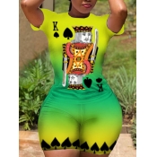 Lovely Street O Neck Print Gradient Green Two Piec