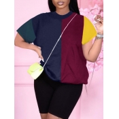 LW Casual O Neck Patchwork Wine Red T-shirt