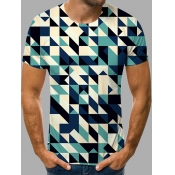Lovely Men Casual O Neck Geometric Print Blue T-sh