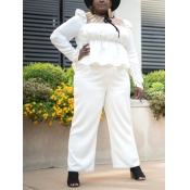 Lovely Casual Ruffle Design Flounce White Plus Siz
