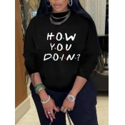 Lovely Casual O Neck Letter Print Black Hoodie