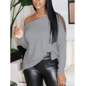 LW Trendy Bateau Neck Hollow-out Grey T-shirt