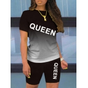 Lovely Casual Gradient Letter Print Black Two Piec