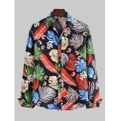 Lovely Men Casual Turndown Collar Leaf Print Black