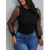 Lovely Sweet O Neck Mesh Patchwork Black Blouse