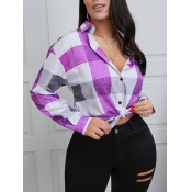 LW Casual Turndown Collar Plaid Print Purple Blous
