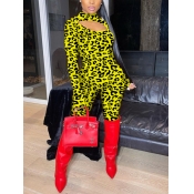 Lovely Sweet Leopard Print Hollow-out Yellow One-p