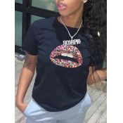 Lovely Casual O Neck Lip Print Black T-shirt