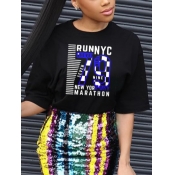 LW Casual Letter Print Patchwork Black T-shirt