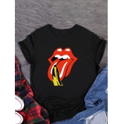 Lovely Plus Size Casual O Neck Lip Print Black T-s